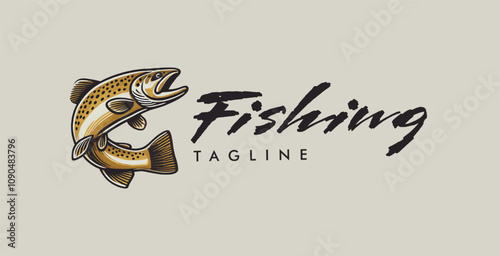 brown trout fish fishing hand drawn logo design template for angler 