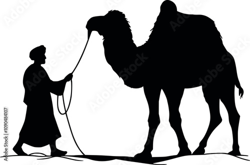 Silhouette islamic arabian a sheikh standing after riding camel vector illustration on white generated Ai