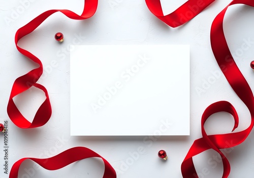 Elegant composition with a blank card framed by red ribbons and small red ornaments, perfect for creative designs or festive invitations. photo