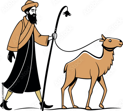 Arabic a man with small camel vector graphic illustration art on white background generated Ai