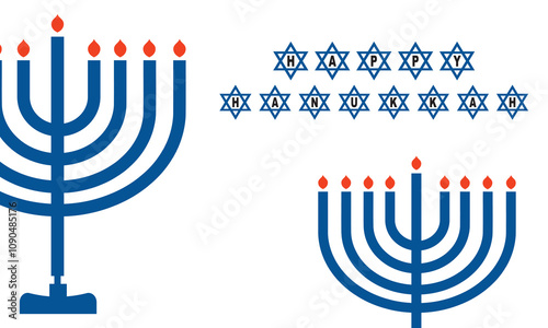 Happy Hanukkah greeting card with symbols of Jewish holiday. Template for banner, flyer, poster, background with vector place for your text. Vector illustration. EPS 10