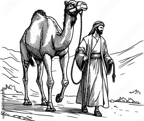 Islamic arabic a man riding camels continuous line drawing vector art on white background generated Ai