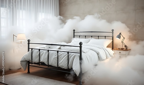 Serene Bedroom Scene: 3D Render of a Bed Enveloped in Mist. AI Generated photo