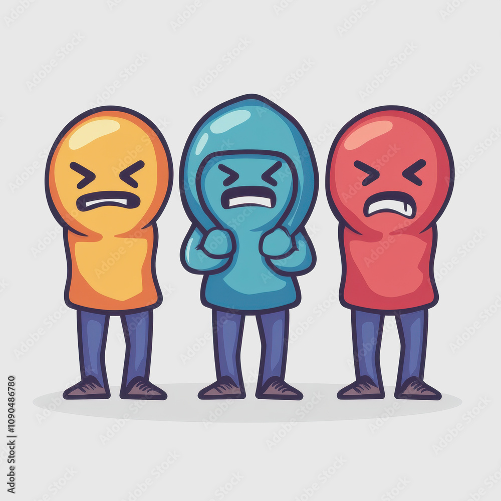 Fototapeta premium Three Colorful Cartoon Characters Displaying Different Emotions with Frowns and Anger Expressions, Perfect for Illustrations or Designs in Various Projects