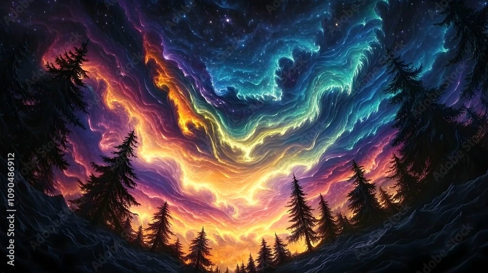 Fototapeta premium Digital Painting of a Vibrant, Swirling Aurora Borealis over a Snowy Forest at Night