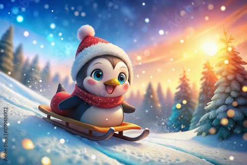 Adorable Cartoon Baby Penguin Sledding Down a Snowy Hill in a Winter Wonderland Setting with Bright Blue Sky and Sparkling Snowflakes, Perfect for Holiday and Winter-Themed Projects photo