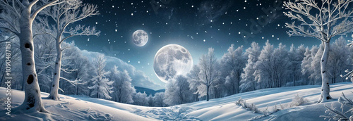 winter snowy snowfall in night trees moon stars glowing in night background