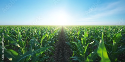 Expansive cornfield under a bright sunlit sky, highlighting rows of lush green plants stretching towards the horizon. Ideal for themes on agriculture and natural landscapes. photo