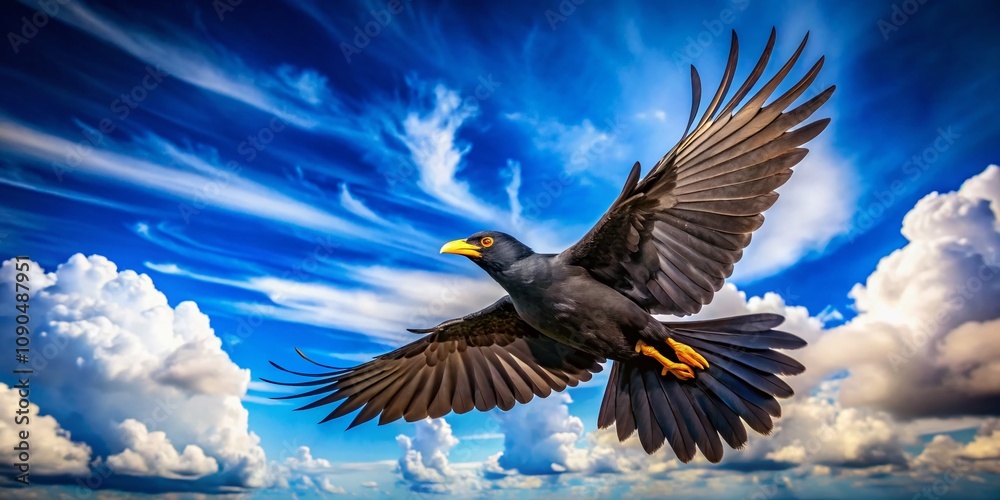Fototapeta premium Aerial View of a Majestic Black Bird with a Bright Yellow Beak Gracefully Soaring Through the Clear Blue Sky, Capturing the Beauty of Nature and Avian Life in Motion