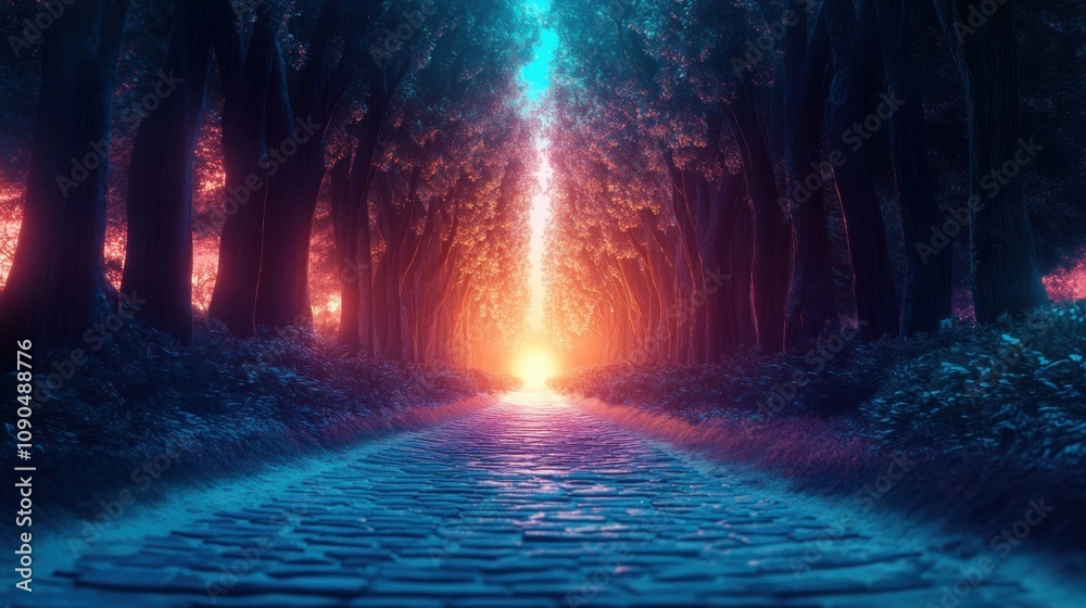 Fototapeta premium Enchanting Pathway Through a Mystical Forest with Ethereal Light Illuminating the Cobblestone Road Surrounded by Majestic Trees at Twilight