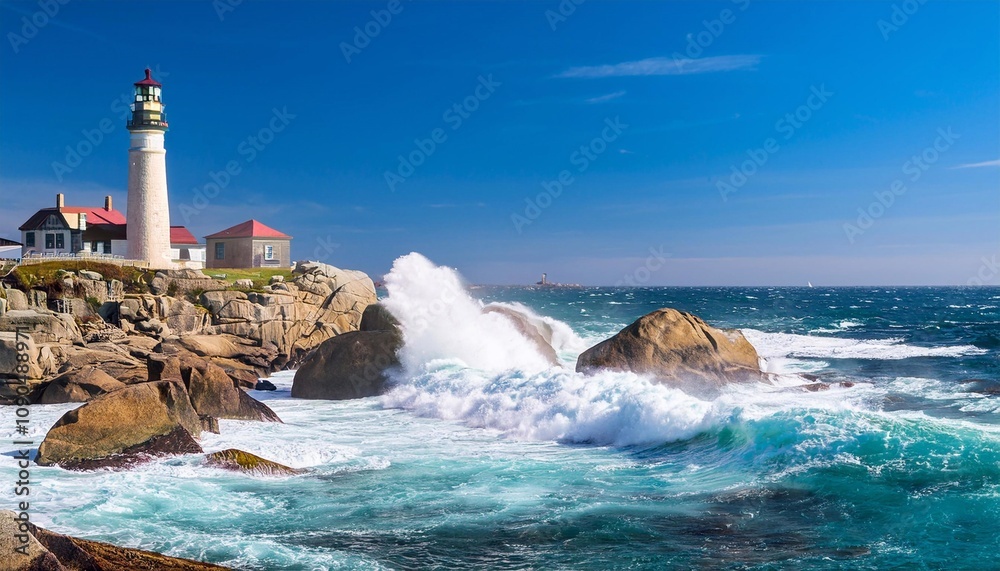 Obraz premium lighthouse with rocks at the ocean with waves in strong