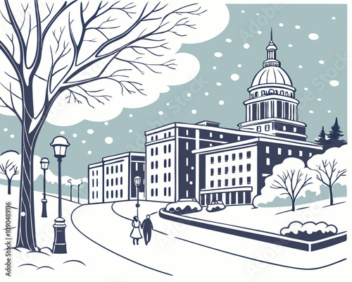 A snow-covered city, where the snow is falling vector file.