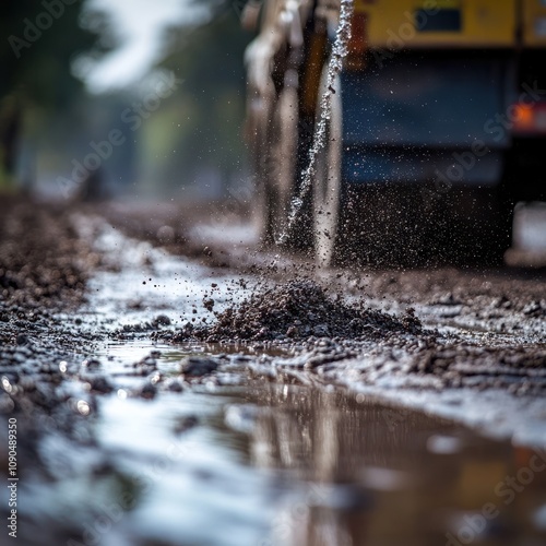 A truck sprays water on a dirt road, creating a small puddle and splashing mud. photo