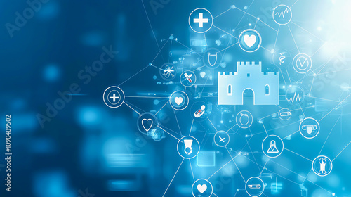 Wallpaper Mural Futuristic digital network with glowing icons and symbols, representing technology and communication Torontodigital.ca