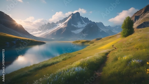 Majestic Peaks Reflecting in a Tranquil Lake at Sunset