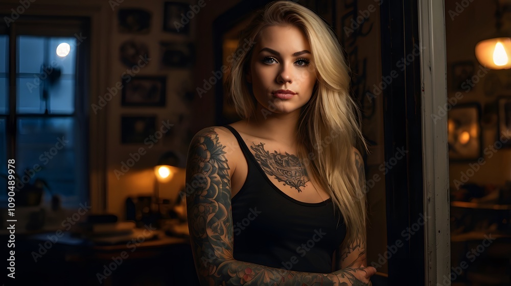 Fototapeta premium Chic and Confident: Portrait of Tattooed Woman in Warm Tones