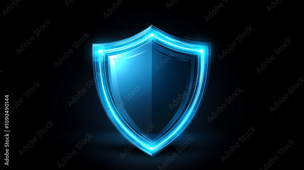 Fototapeta premium Glowing blue shield on a dark background representing cybersecurity and digital protection with futuristic technology design.