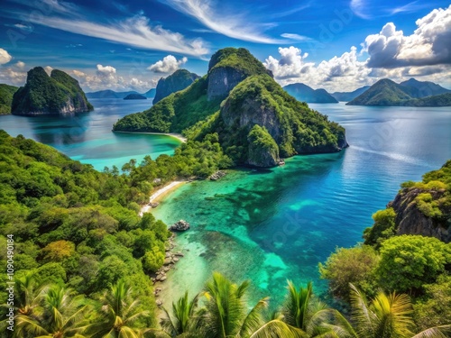 Breathtaking Tropical Coastline with Lush Jungle and Pinagbuyutan Island in El Nido, Palawan, Philippines - A Must-See Natural Paradise photo