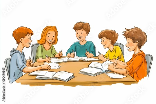 Five children writing in notebooks.