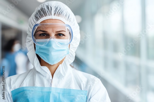 Healthcare professional in PPE looking at the camera. Wearing protective masks, goggles, and a medical gown. Symbol of dedication and safety in the medical field. photo