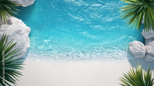 Advertising layout, secluded tropical cove with vivid blue sea, palm trees and beach gear