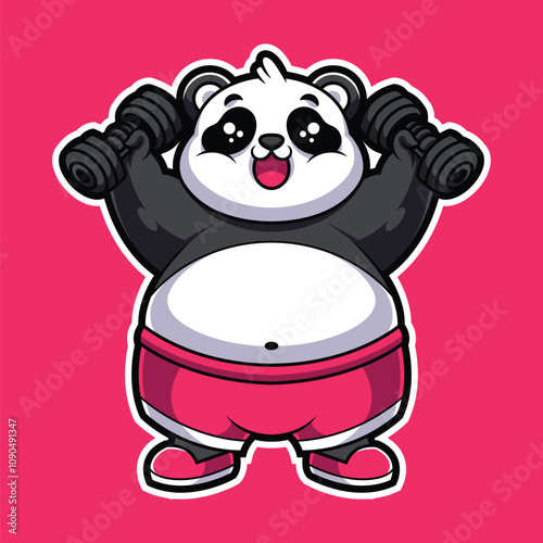 Cute Fat Panda Workout Lifting Dumbbells Cartoon Illustration