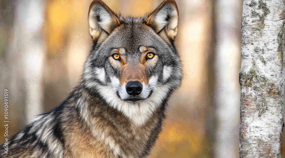A close-up of a wolf with striking features against a blurred natural background. A close-up of a wolf with striking features against a blurred natural background.