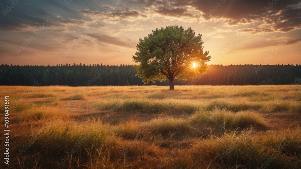 Fototapeta premium Lonely tree in a cultivated field with Wild grass in the forest at sunset