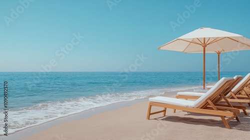 Wallpaper Mural Calm beach with wooden lounge chairs and umbrellas, perfect for relaxation, gentle ocean breeze, soft waves, tropical cocktails on tables Torontodigital.ca