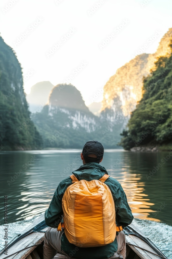 Man in a boat with a backpack, looking at the Man in a boat with a backpack, looking at the