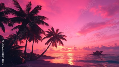 Serene Sunset Over Tropical Beach with Silhouetted Palm Trees and Calm Waters Reflecting Pink and Purple Hues in a Dreamy Tropical Paradise Scene