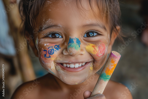 Close-up portrait of a toddler with a mischievous smirk photo