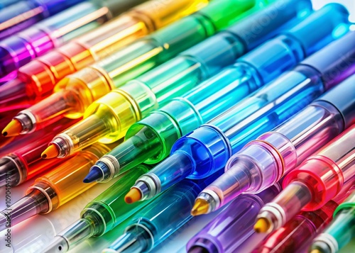 Close-Up Double Exposure of Vibrant  Pens Against a White Surface, Showcasing a Colorful Plastic Stationery Set for Office Supplies, Perfect for Creative Workspaces photo