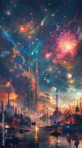 A fantasy city skyline with a magical night sky filled with shooting stars and fireworks. photo