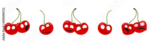 Cherry. Emotions. Stickers. Memes. Set of vector illustrations