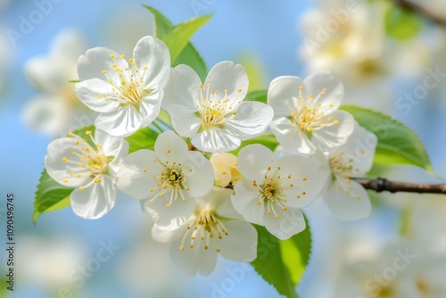 cherry blossom branches against pale blue sky, delicate spring flowers in bloom, Generative AI