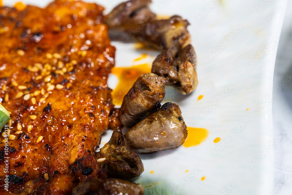 stir-fried chicken heart and Korean-style short rib patty