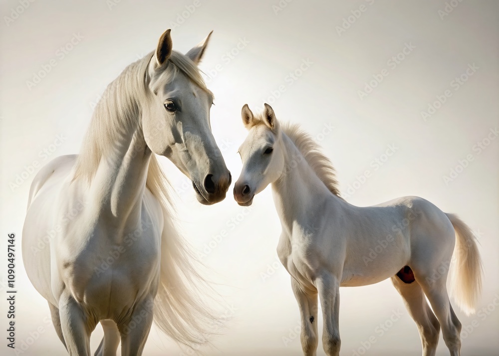 Obraz premium Close-Up Silhouette of a White Body Horse and Foal with White Background, Capturing the Bond Between Mother and Young in a Serene, Minimalist Style