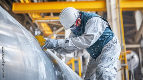 An intense close-up of an industrial painter applying protective coatings on a pipeline, Pipeline painting scene, Methodical and protective style