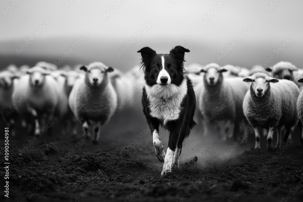 Fototapeta premium Border Collie Herding Sheep: A black-and-white Border Collie