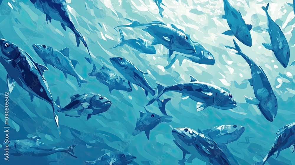 Obraz premium A vibrant underwater scene featuring various fish swimming gracefully in blue waters.