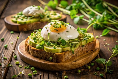 Exquisite Avocado Toast Delight: Poached Egg and Fresh Microgreens on Rustic Bread for Gourmet Food Photography photo