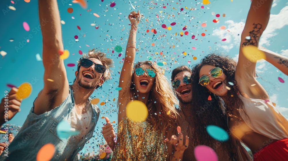 Obraz premium Group of young adults celebrate with confetti, exuding joy and energy at an outdoor festival.