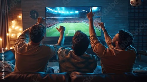 Three men cheer enthusiastically while watching a soccer game on a large screen TV in a cozy living room.