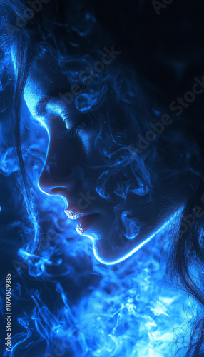 Sensual Woman Succubus, at night in blue light, glowing. AI generative