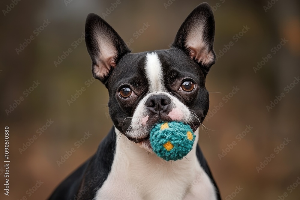 Fototapeta premium Boston Terrier with Toy in Mouth: A Boston Terrier holding a small squeaky toy