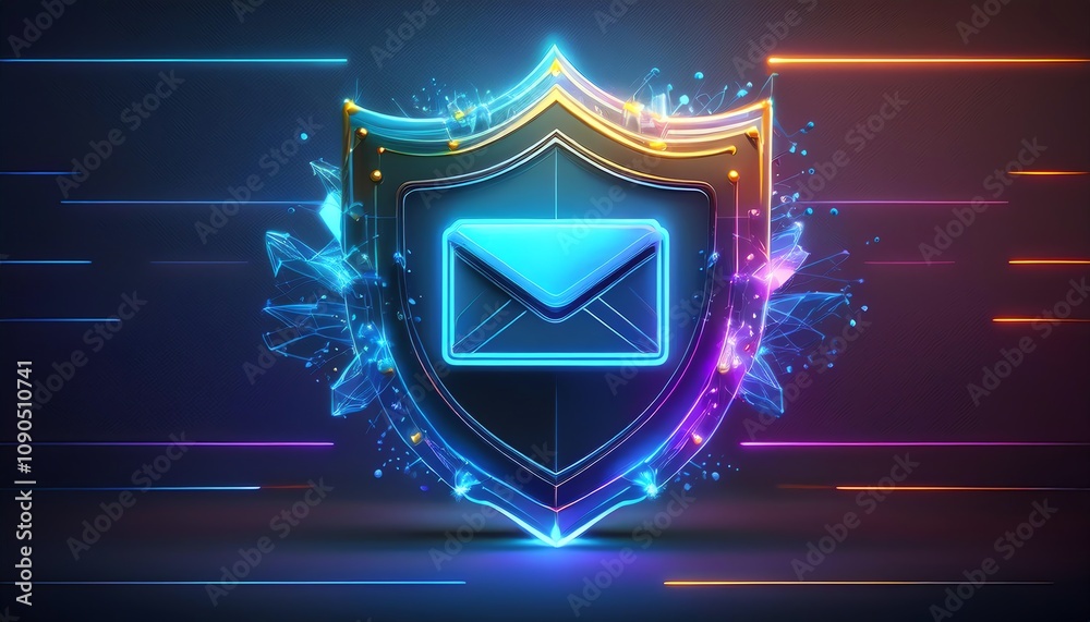 Fototapeta premium A vibrant, digital shield featuring an envelope icon, symbolizing email security and protection in a modern, tech-inspired design.