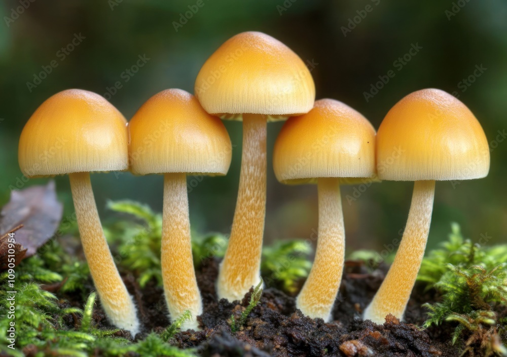 A cluster of yellow mushrooms growing on mossy ground in a forest setting. A cluster of yellow mushrooms growing on mossy ground in a forest setting.