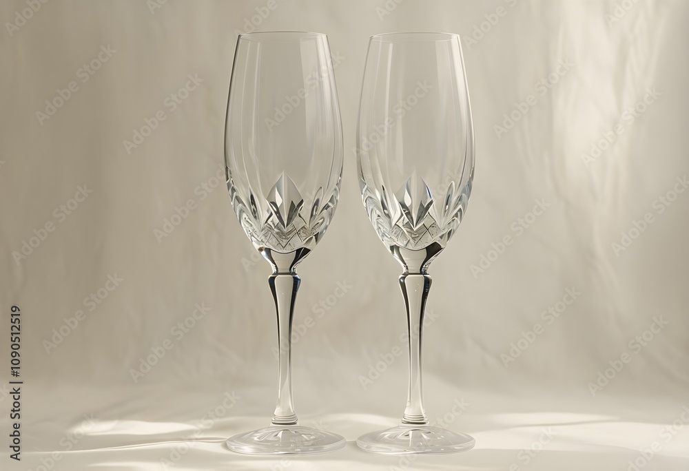 Obraz premium Elegant Crystal Champagne Flutes with Soft Shadows on Neutral Background for Luxury Design Themes
