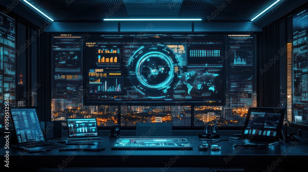 Fototapeta premium Futuristic Workspace with Holographic Display and Advanced Gadgets